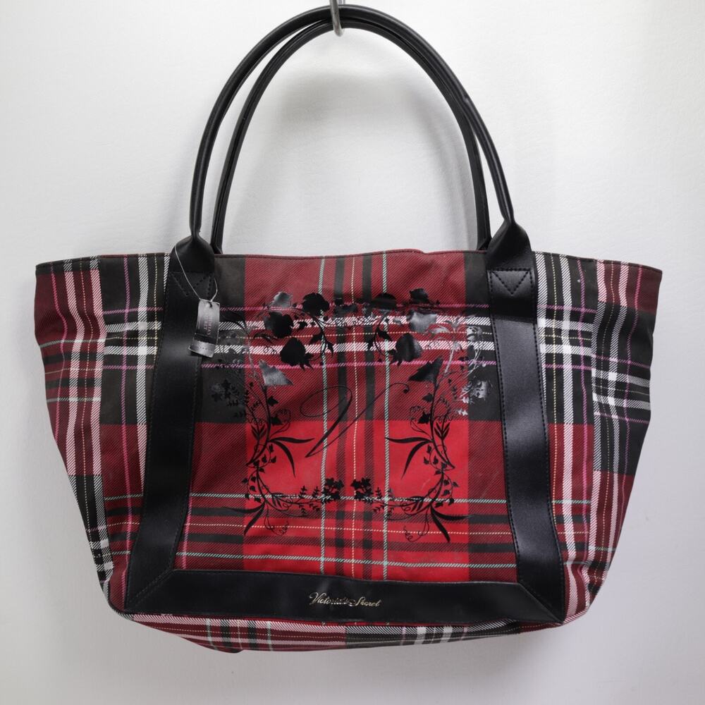 Victorias Secret Tote Handbag XL Red Black Plaid Logo Lined Purse Shoulder Bag